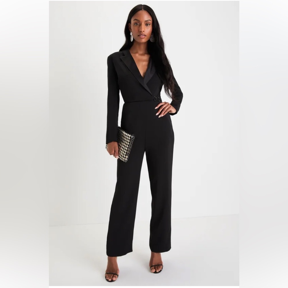 Lulu’s Impressive Presence Black Collared Straight Leg Jumpsuit
